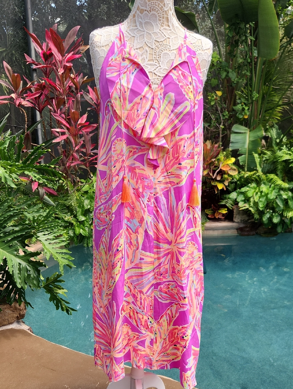 Lilly Pulitzer Bright Tropical Ruffle Sundress with Tassels..like New! 100% Silk
